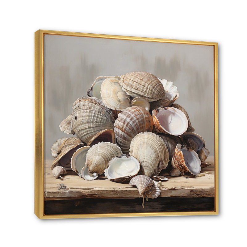 " Gray Clam Coastal Harmony I ", 36" H x 36" W x 1.5" D, Gold Floater Framed