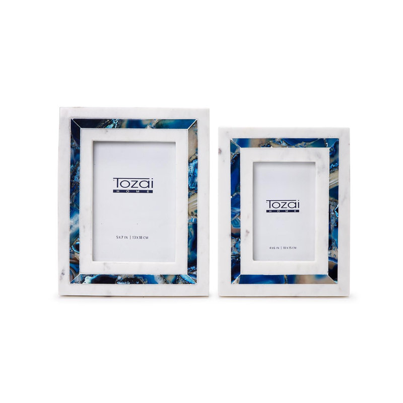 Amazonite Inlay Set Of 2 White Marble Photo Frame, Blue/White