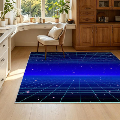 Tapis d'intérieur bleu néon avec grille et étoiles lavable à la machine
