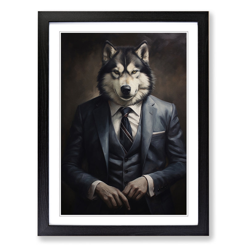 Husky In A Suit Painting No.2 - Single Picture Frame Print on Wood, 46cm H x 34cm W x 2cm D, Black Framed