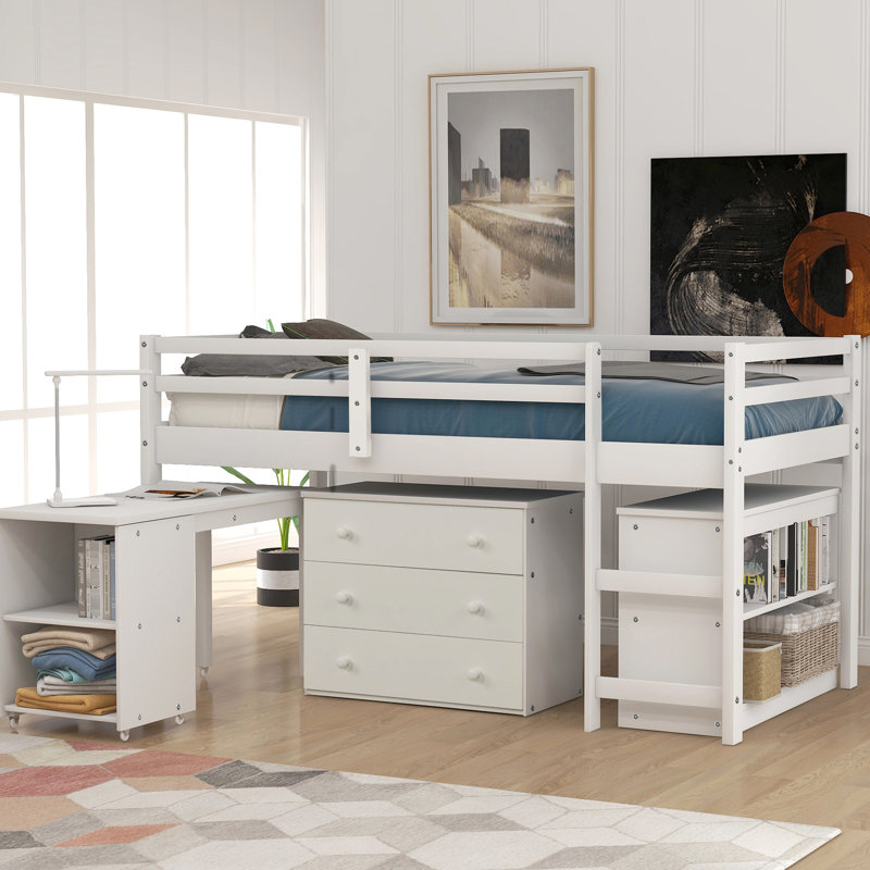 Lit mezzanine simple en bois massif blanc avec armoire et bureau de rangement à dessin, Blanc