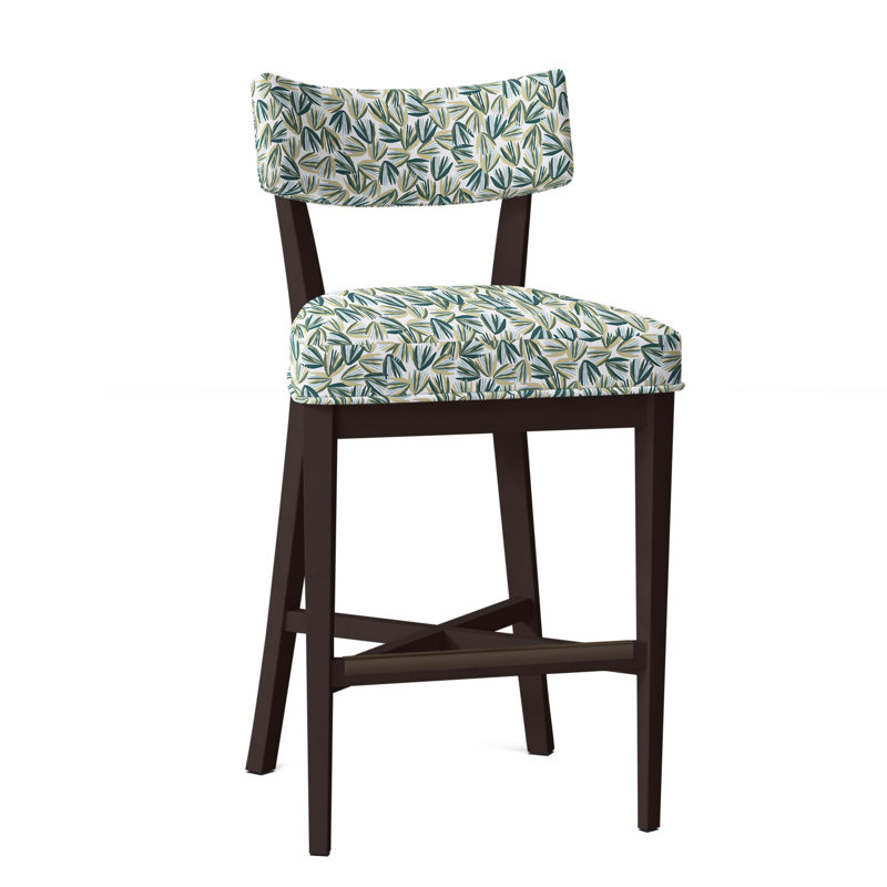 Juliet Upholstered Stool with Solid Wood Frame, Espresso, Perigold Palmetto Verdigris, Bar Stool (29.5" Seat Height)
