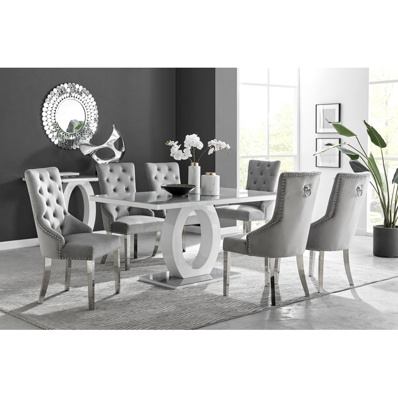 Scottsmoor Halo Dining Table Set in Modern High Gloss with 6 Luxury Velvet Dining Chairs, Gray