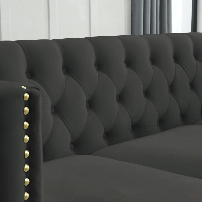 Stoughton L-Shaped Sectional Sofa with Cushions, Black Velvet