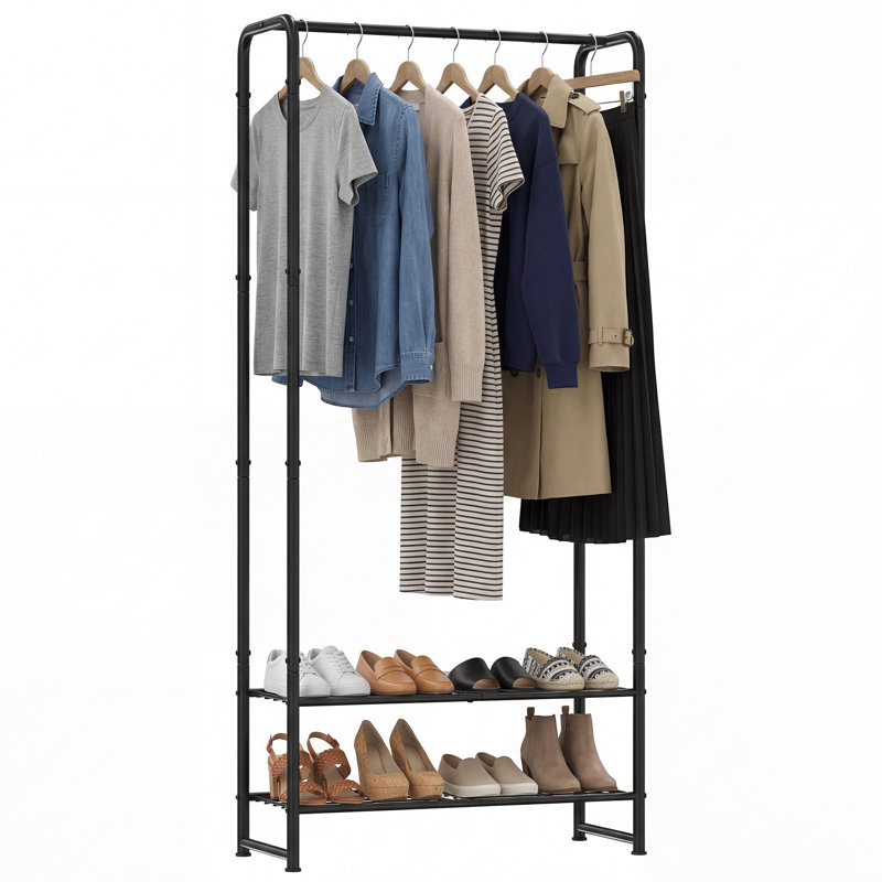 2-in-1 Freestanding Clothes Rack with Hanging Bar and 2 Storage Shelves, Metal Garment Rack for Bedroom, Closet & Entryway, Black