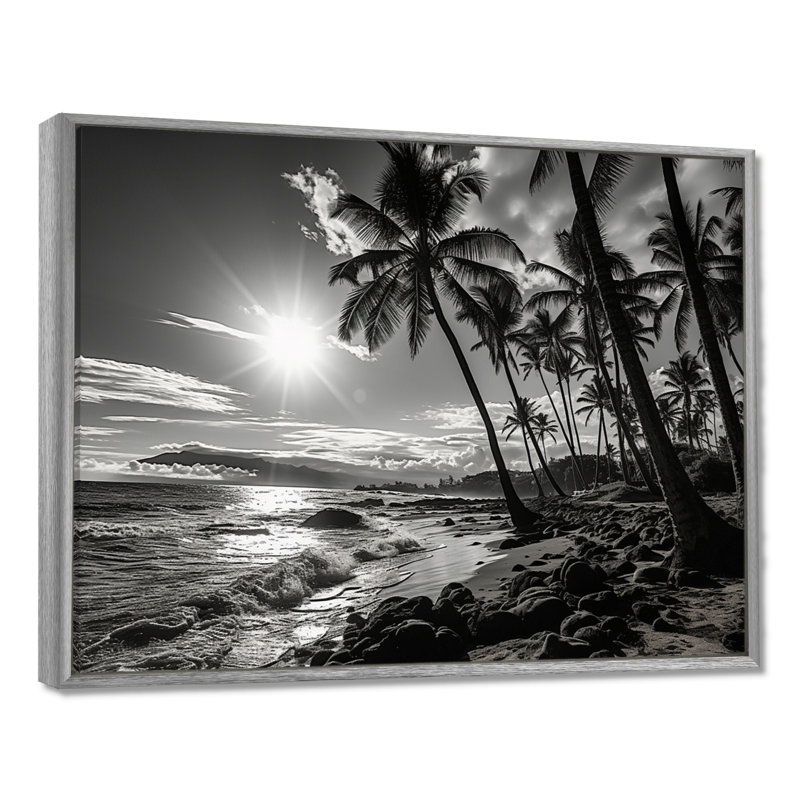 Hawaï noir et ombres blanches d'Aloha II - décoration murale Hawaï, H 30 po x l 40 po x P 1,5 po, Encadrement argenté