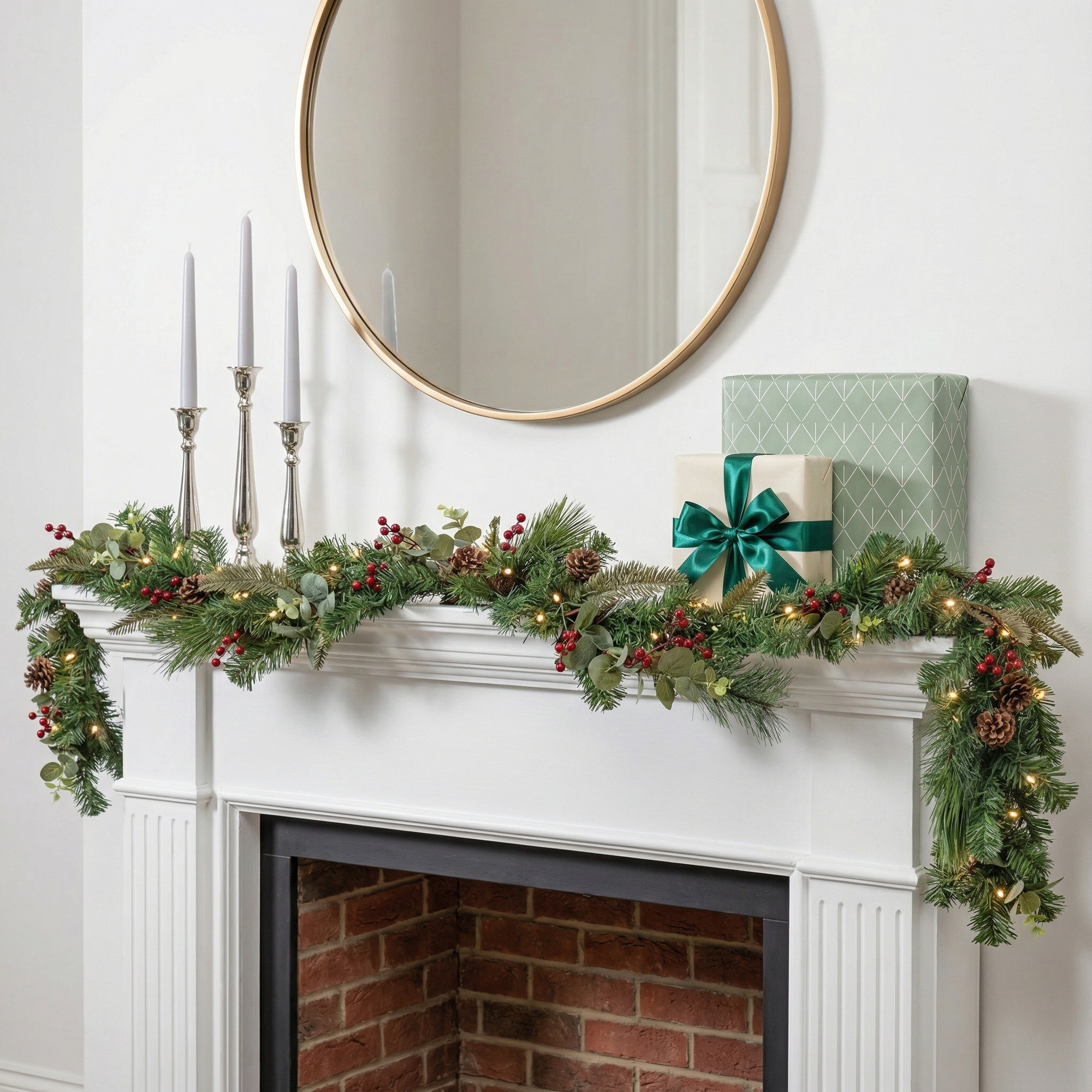 12 Ft Pre Lit Mixed Pine Garland With Red Berries, Cones, Cedar, And 70 Warm White LED Lights