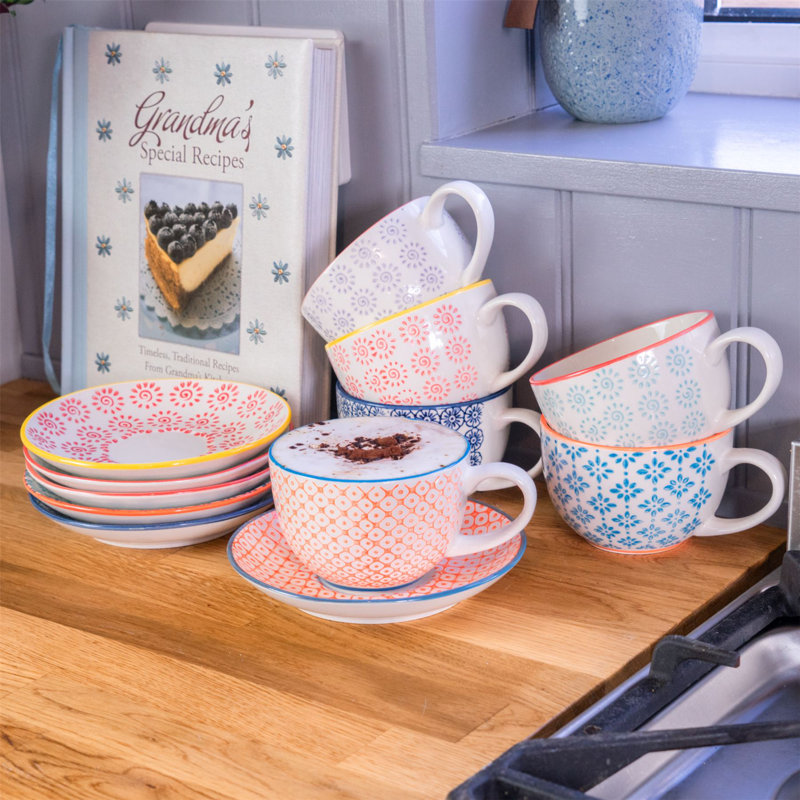 Nicola Spring 12 Piece Hand-Printed Cappuccino Cup & Saucer Set - 250ml - 6 Colours