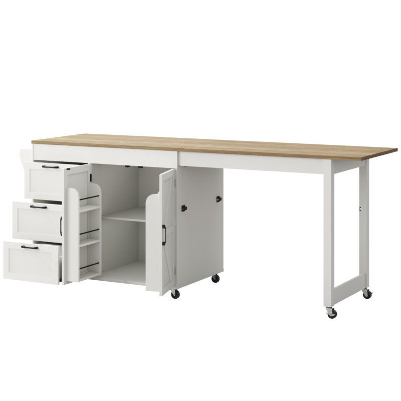 Grand îlot de cuisine 89,6 po avec table de salle à manger extensible sur roulettes, 3 tiroirs et 2 portes pour la cuisine, la salle à manger et le salon