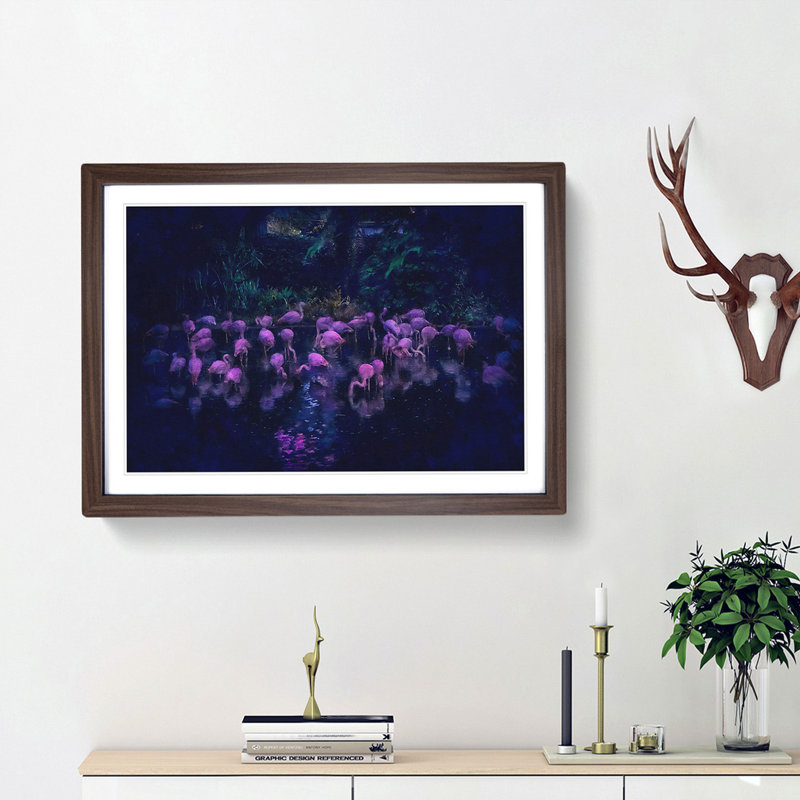 Neon Flamingos - Picture Frame Graphic Art Print, 62cm H x 87cm W x 2cm D, Walnut Framed