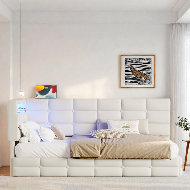 Upholstered Daybed With 2 Drawers, Charging Station, Led Lights, Storage Headboard And Checkered Button Decoration, Beige