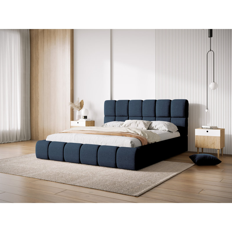 Nehimiah Upholstered Bed, European Double (140 x 200 cm), Navy