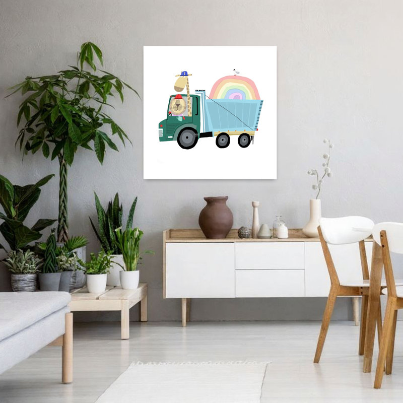 Cute Animals Rainbow Truck Colorful Playful Whimsical Seagull Bird Giraffe Landscape Nature Wall Art Print by Carla Daly - Wrapped Canvas Print