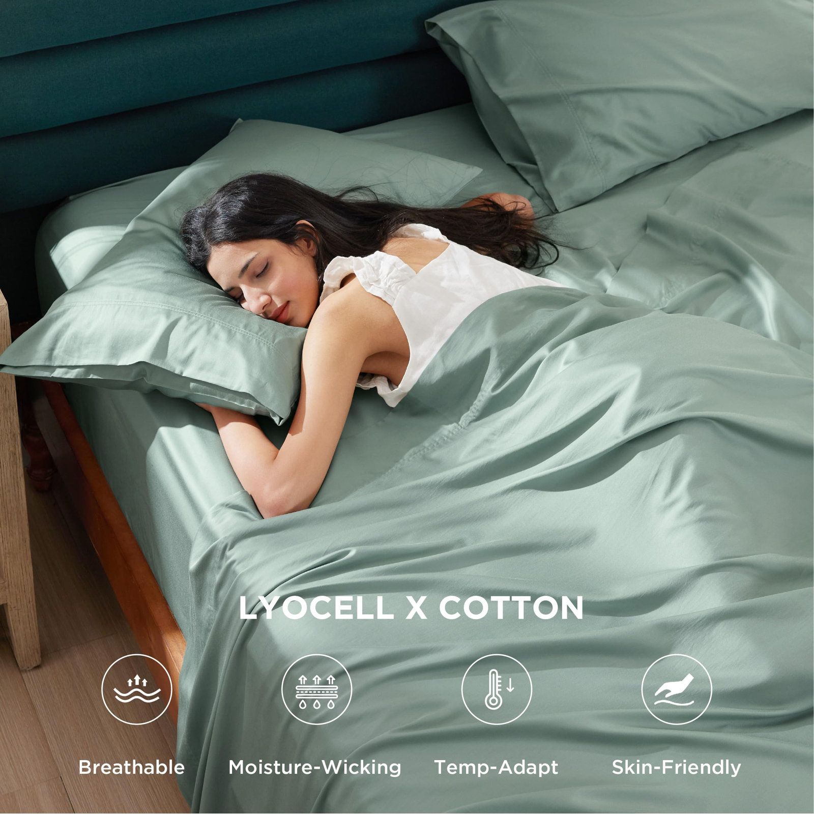 Lyocell Cotton Sheet Set, Green, King Sheet Set with 1Fitted Sheet and 2Pillowcases