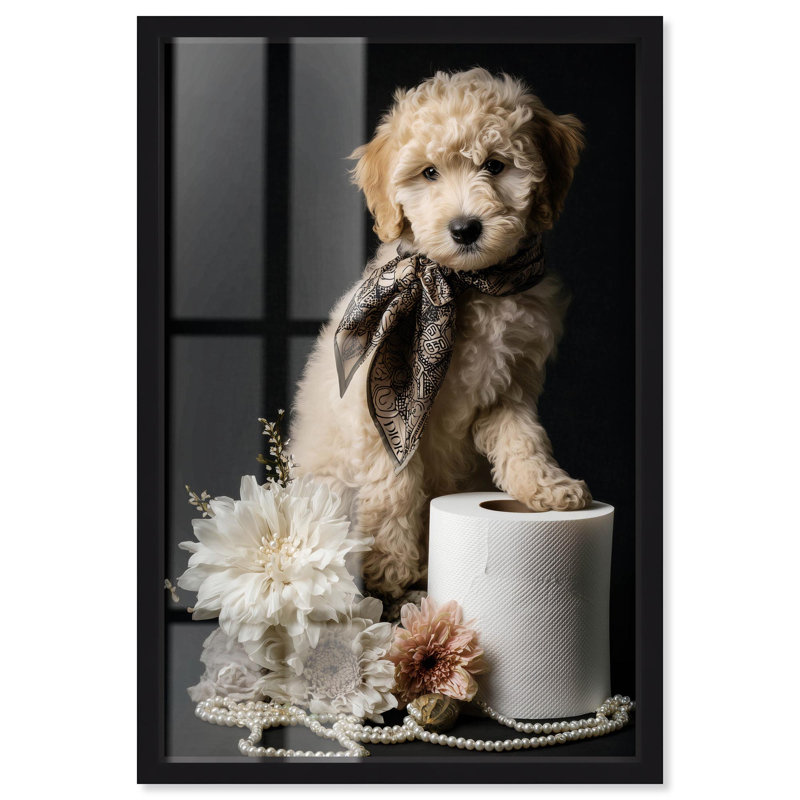 Art de salle de bain Goldendoodle, H 25 po x l 17 po, Structure noire