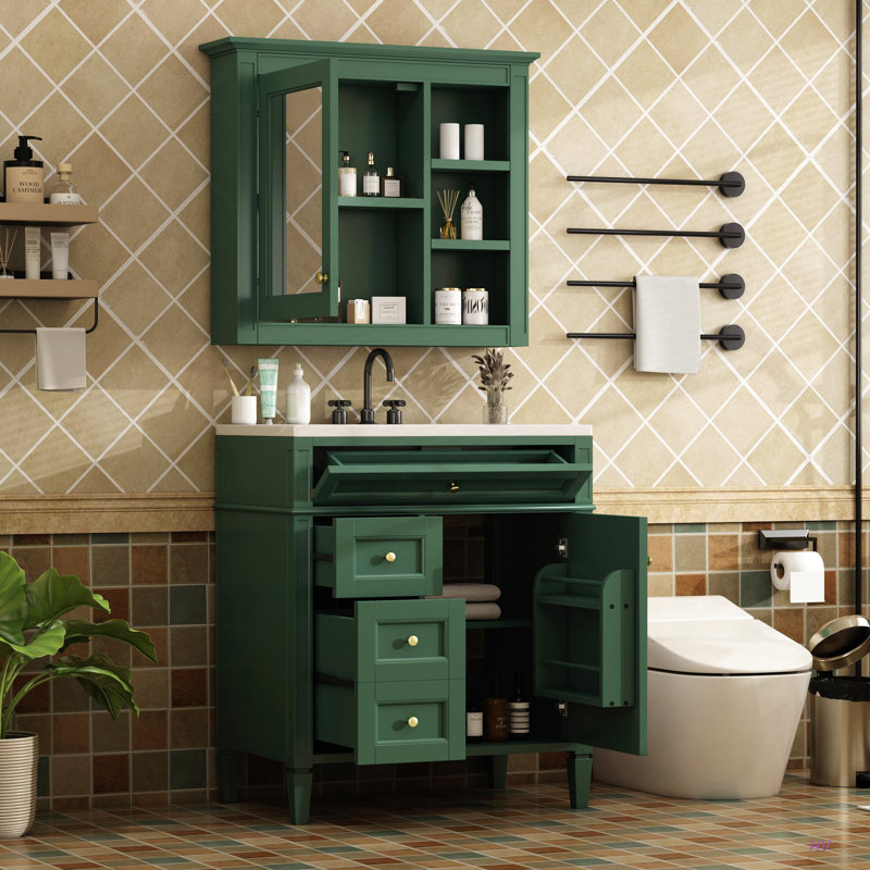 Ensemble de meuble-lavabo autoportant 30 po avec lavabo supérieur, meuble-lavabo moderne avec 2 tiroirs et un tiroir basculant, meuble-lavabo autoportant avec miroir et meuble-lavabo simple
