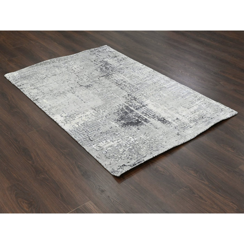 Tapis gris noué à la main de conception unique 4 pi 1 po x 6 pi