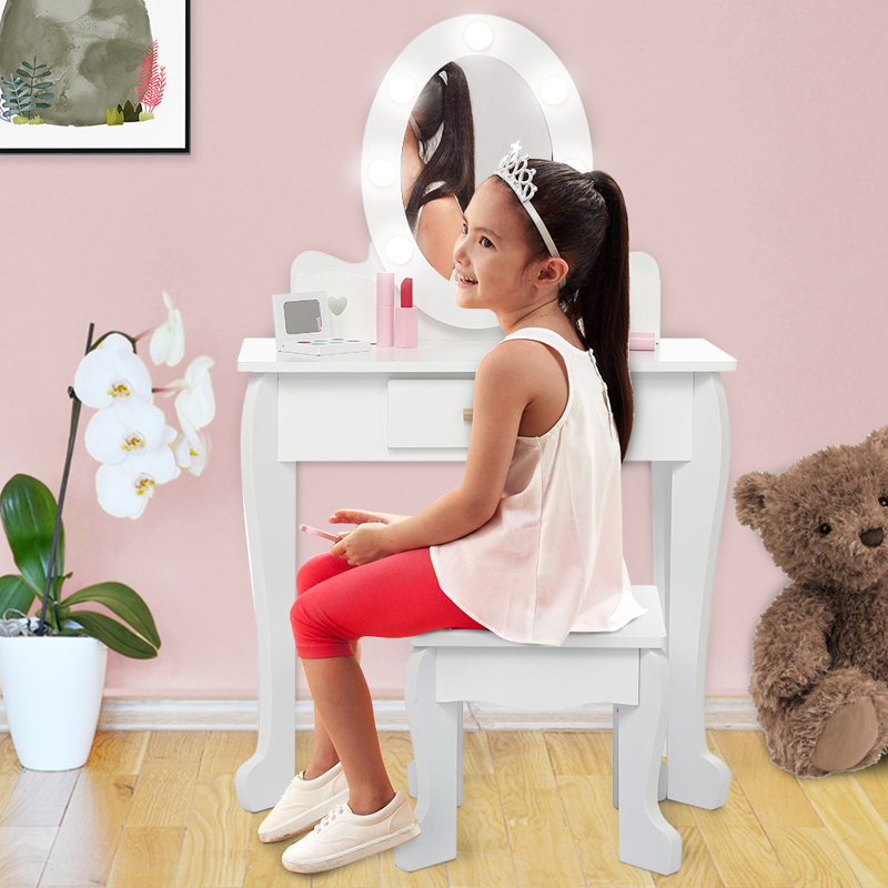 Ensemble de coiffeuse pour enfants avec miroir et table de maquillage légère et ensemble de coiffeuse et tabouret en bois