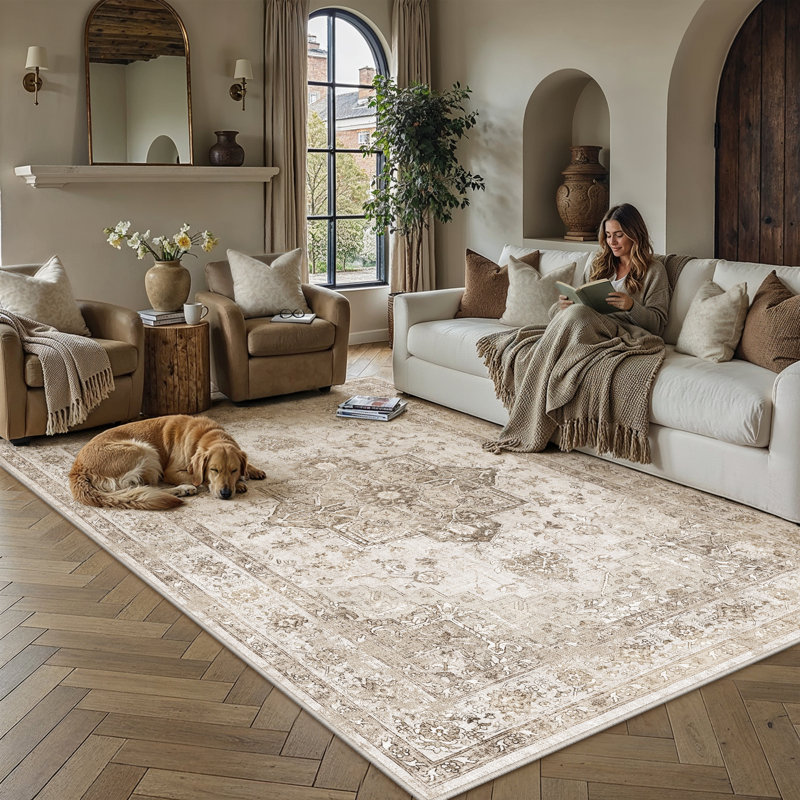 Tapis lavable rétro patiné avec envers antidérapant, Beige, Rectangle 5 pi x 7 pi