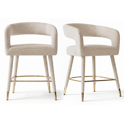 24" Chenille Upholstered Barrel Back Counter Stool with Gold-Tone Footrest