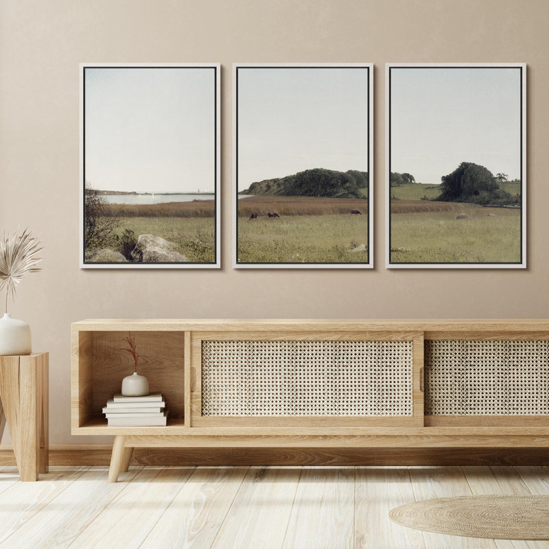 " Fields And Cattle Tranquil Farm Landscape Countryside Nature Landscape Modern Art Decor " 3 - Pieces, Blanc