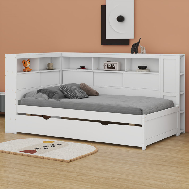 Lit de jour avec tablettes de rangement, USB et lit gigogne, Blanc
