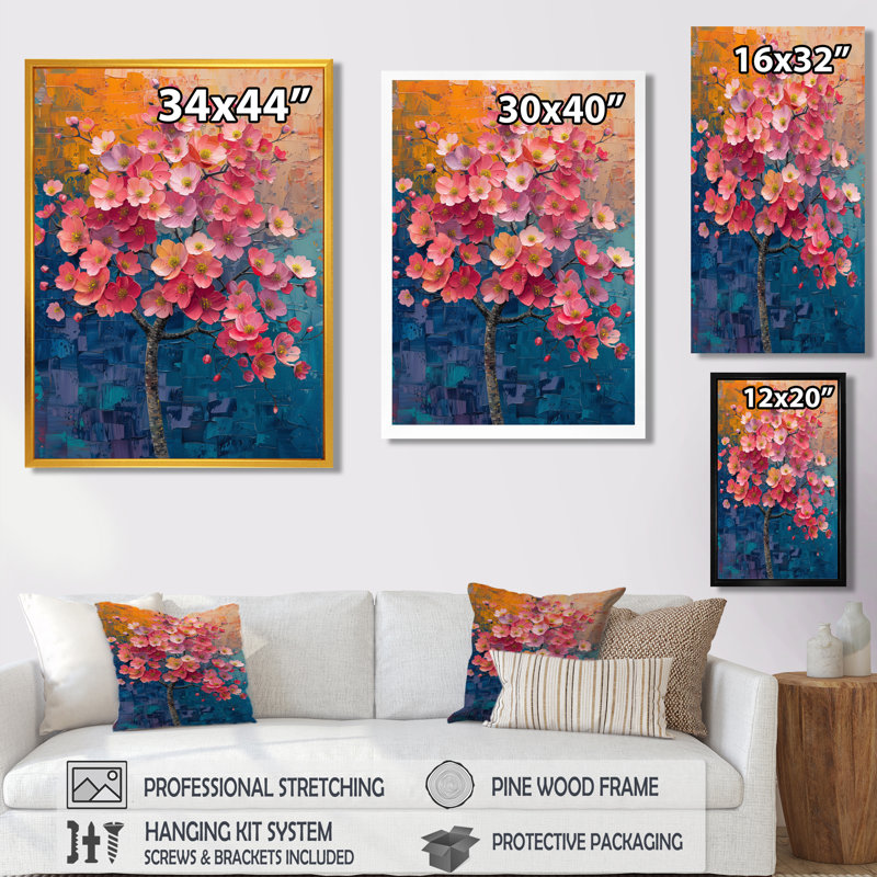  «Cherry Blossom Tree III» - Décoration murale cerisier en fleurs, Toile tendue, H 32 po x l 16 po