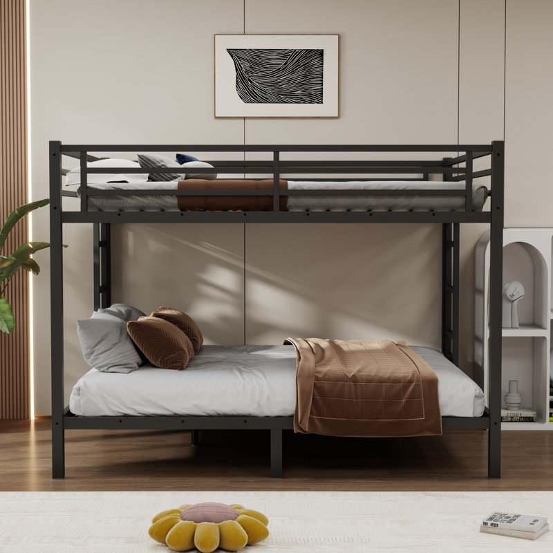 Queen Over Queen Metal Bunk Bed With Ladder, Black