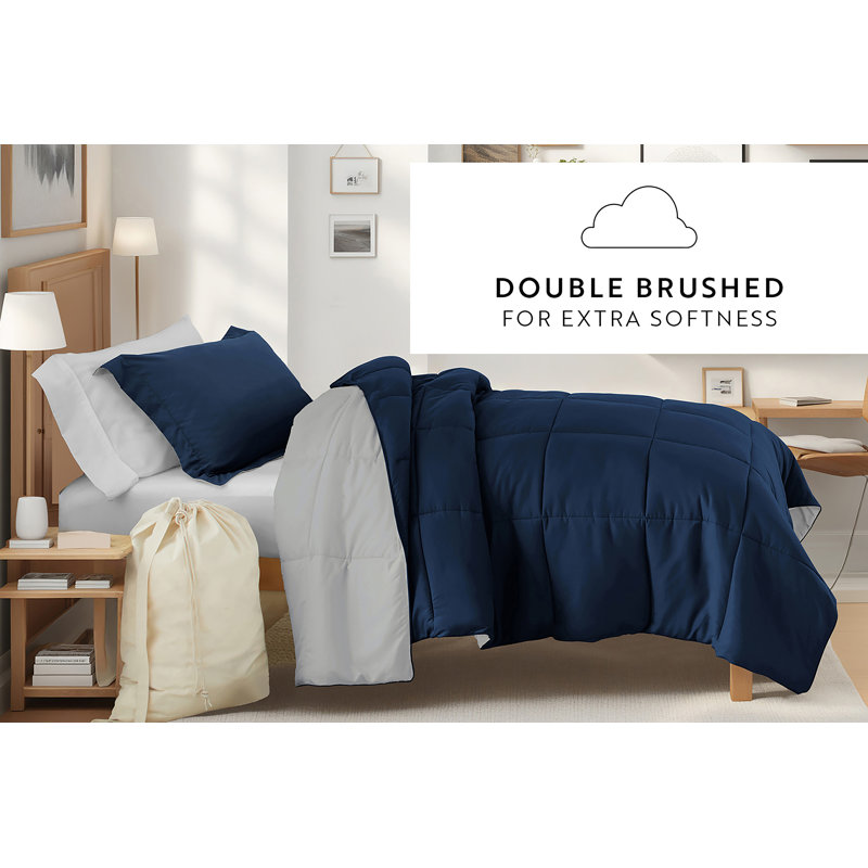 8-PC College Dorm Twin XL Bedding Bundle - Comforter Set, Sheet Set, Pillows and Laundry Bag, Navy / Light Gray