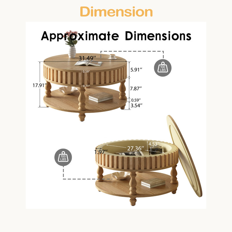 Table basse cannelée moderne avec rangement, table centrale avec couvercle rabattable, pieds robustes en bois massif