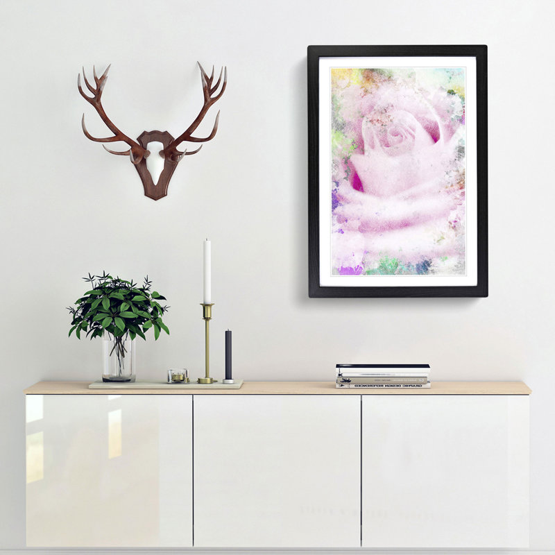 A Sole Pink Rose in Abstract - Framed Print, 36cm H x 27cm W x 2cm D, Black Framed