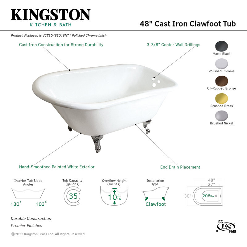 Kingston Brass Aqua Eden 48-Inch Cast Iron D-Shaped Roll Top Clawfoot Tub (3-3/8-Inch Wall Drillings), Matte Black