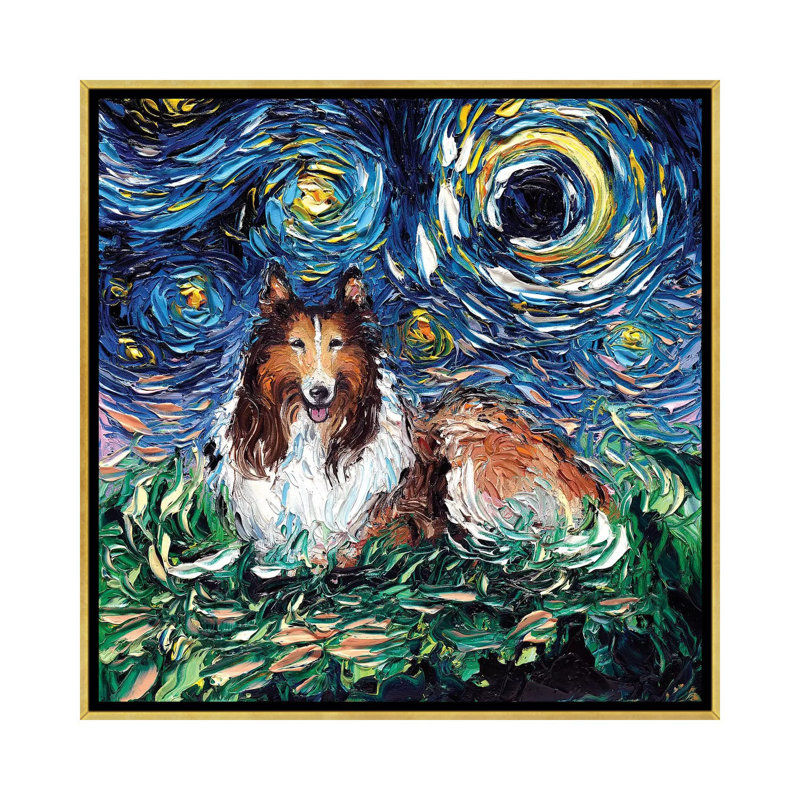 Reproduction d’art, "Collie Night" par AJA, H 18 po x l 18 po x 1,5 po, Toile encadrée d'or, Pas de tapis