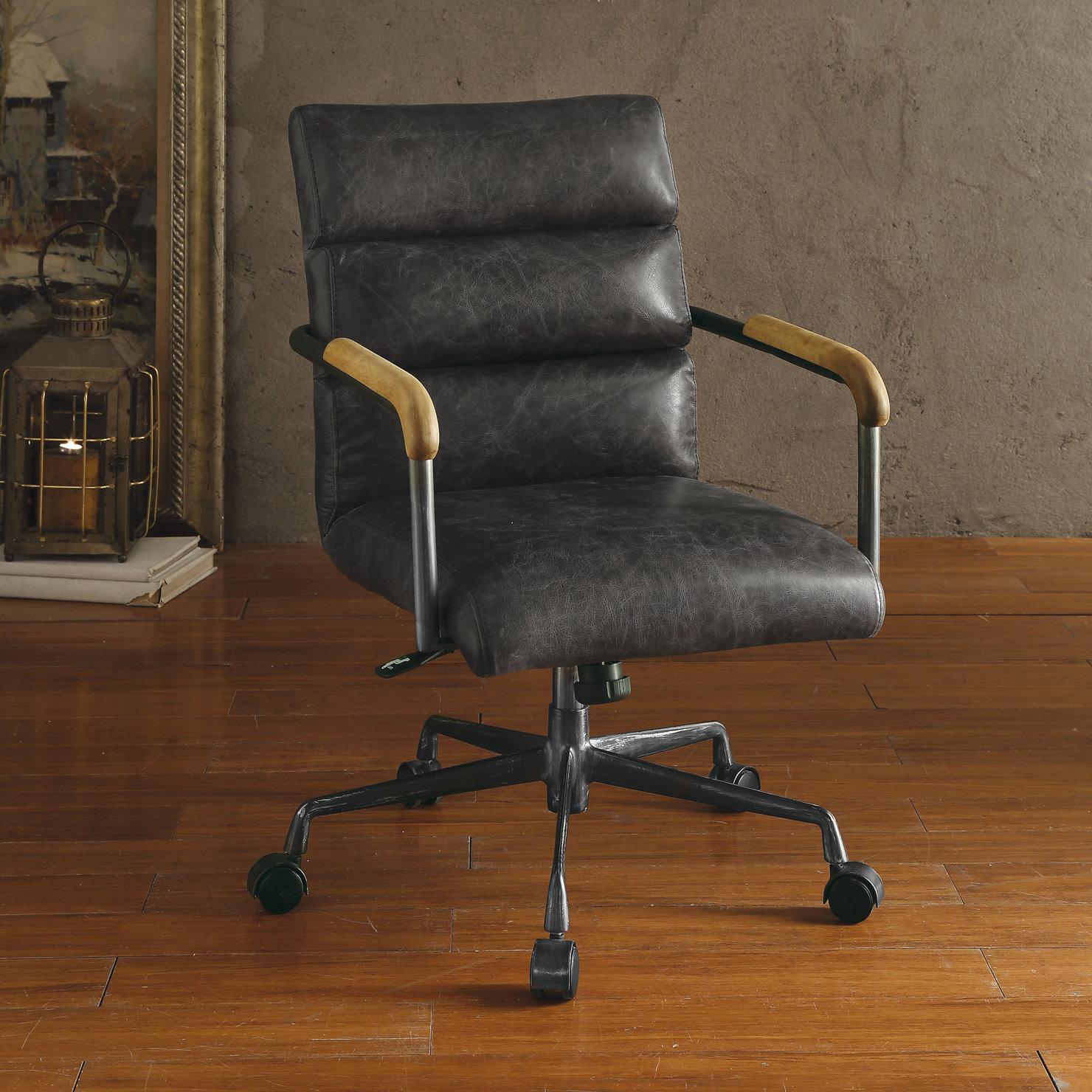 Springtown Genuine Leather Adjustable Office Chair, Antique Ebony
