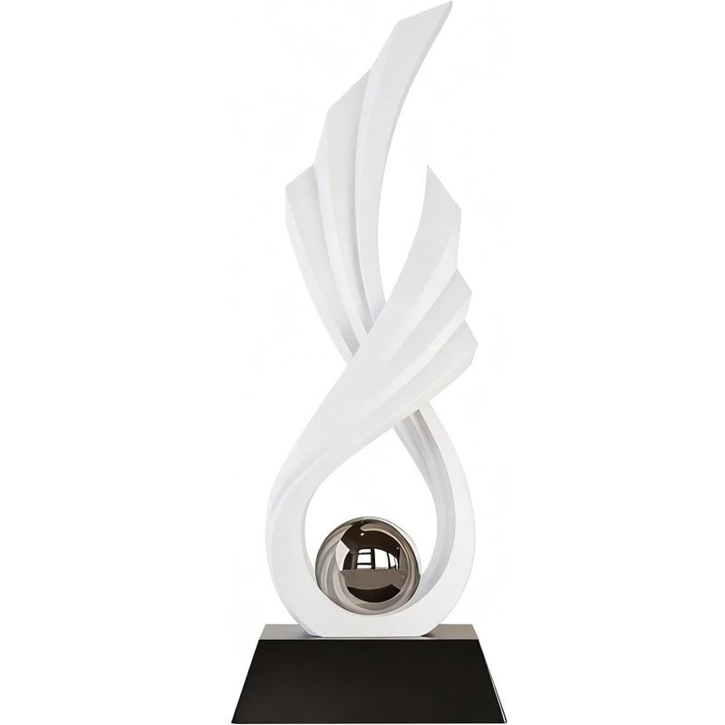 12.2" White & Gold Wing-Shaped Resin Sculpture - Modern Home Office Decor, White/Silver