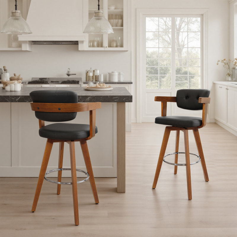 29.9" Mid‑Century Modern Swivel Upholstered Bar Stools Solid Wood Frame with Armrests (Set Of 2), Black