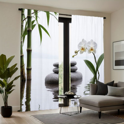 Rideau filtrant la lumière orchidée en bambou à 2 panneaux avec motif de réflexion de l'eau en pierres empilées, décoration intérieure à passe-tringle