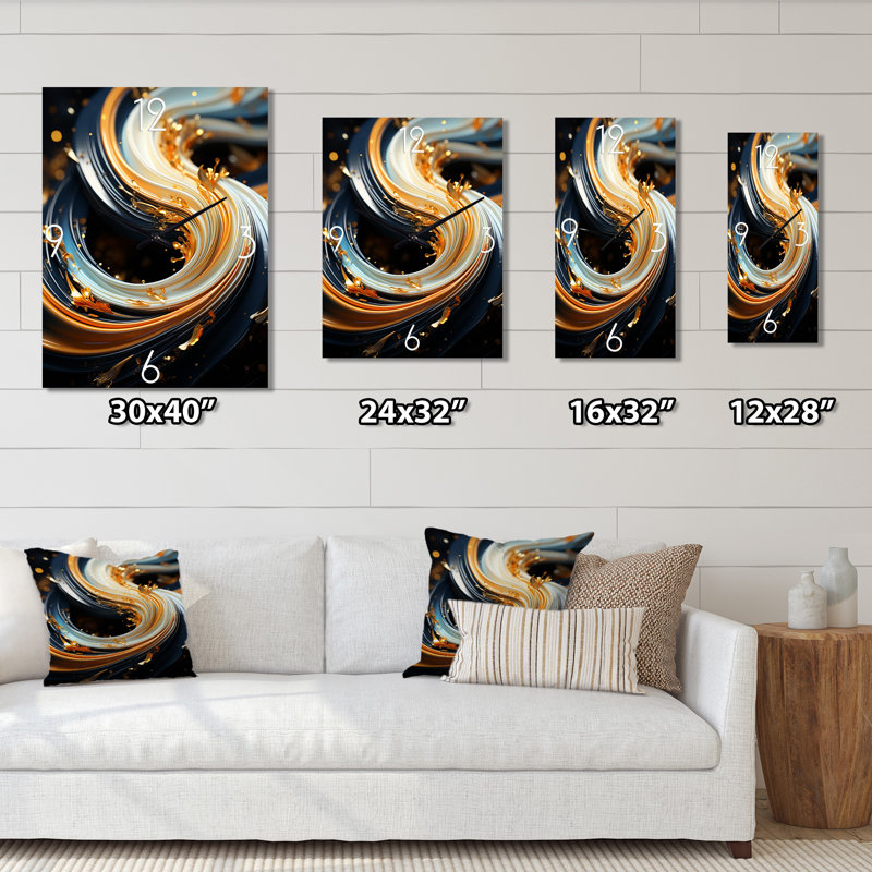 Horloge murale surdimensionnée en or blanc et or blanc avec spirale liquide abstraite I, H 32 po x l 24 po x P 1 po