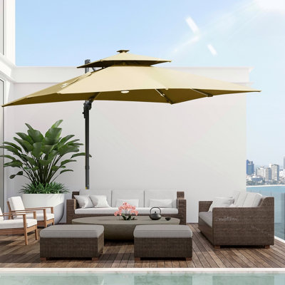 Parasol de patio décalé 10 pi avec base, parasol suspendu en porte-à-faux double en aluminium avec rotation de 360 degrés, inclinaison facile, 8 nervures, manivelle, base en croix, housse, sangle