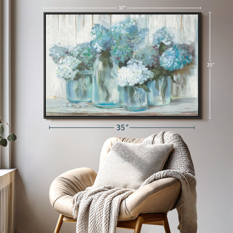 Ancolie hortensias dans des pots en verre, impression sur toile bleue, H 25 po x l 37 po