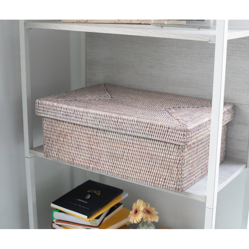 Hand-Woven Rattan Rectangular Bin with Lid, 6" H x 14" W x 10" D, White Wash