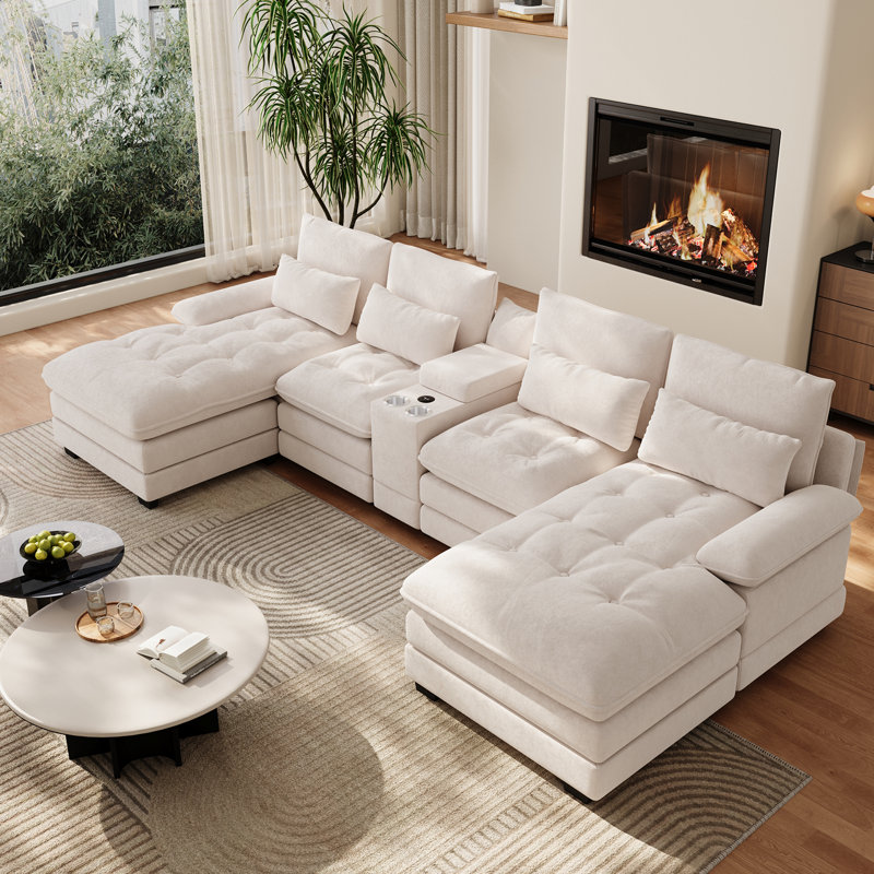 Oversized 130"W 4 Piece U-Shape Sectional With Console & Cup Holders, Beige