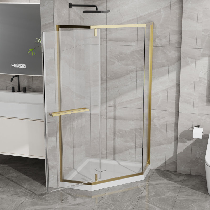 Porte de douche sans cadre 36 po x 36 po x 72 po avec base en acrylique et porte pivotante au fini doré, White