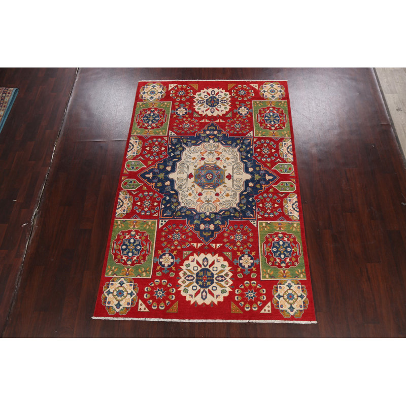 Tapis oriental à motif géométrique Kazak noué à la main de conception unique 6 x 9