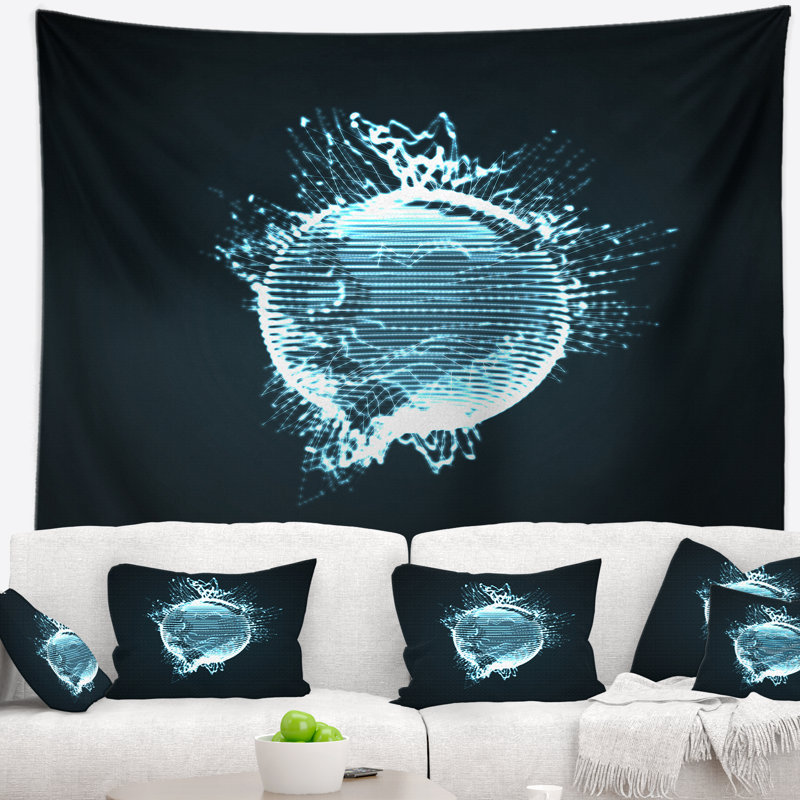 Tapisserie abstraite sphérique bleue brillante 3D, H 78 po x l 92 po