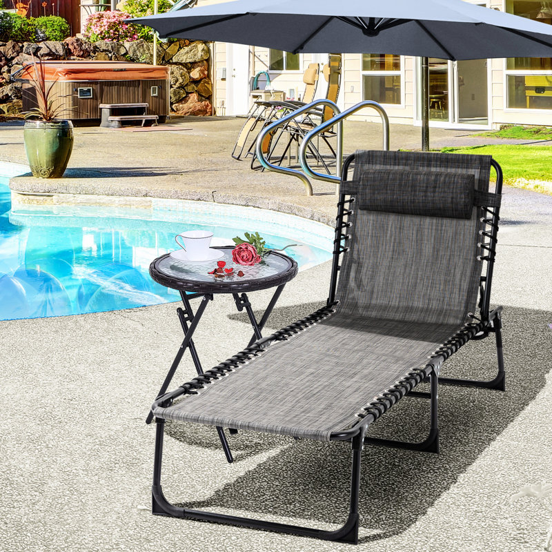 Chaise de plage réglable, pliante portable avec coussin amovible, poche latérale, chaise de patio grise et fonction -