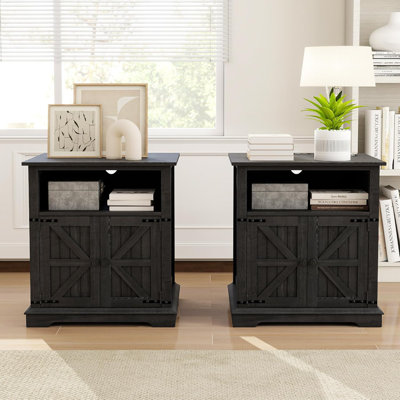 24 Inch Farmhouse Wood Rustic Nightstand With Charging Station,Large Bedside Table With Barn Door For Bedroom,Set Of 2