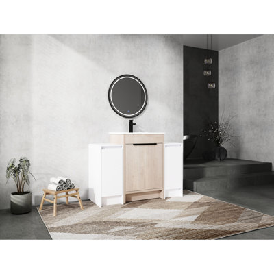 Meuble-lavabo de salle de bain avec lavabo en céramique et 2 armoires, porte à fermeture douce, design moderne, surface brillante à fermeture en douceur