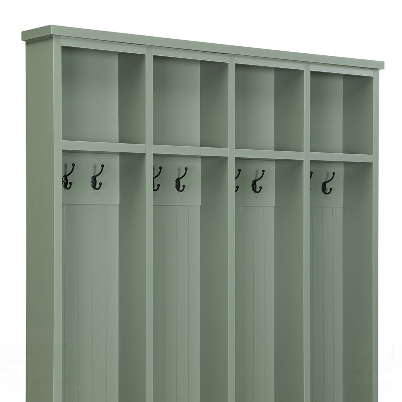 Farmhouse Hall Tree With 8 Hooks, Practical Entryway Bench And Open Compartments, Mint Green