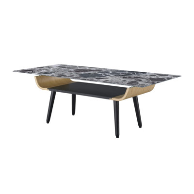 Landon 47" Coffee Table With Glass Black Marble Texture Top And Bent Wood Design